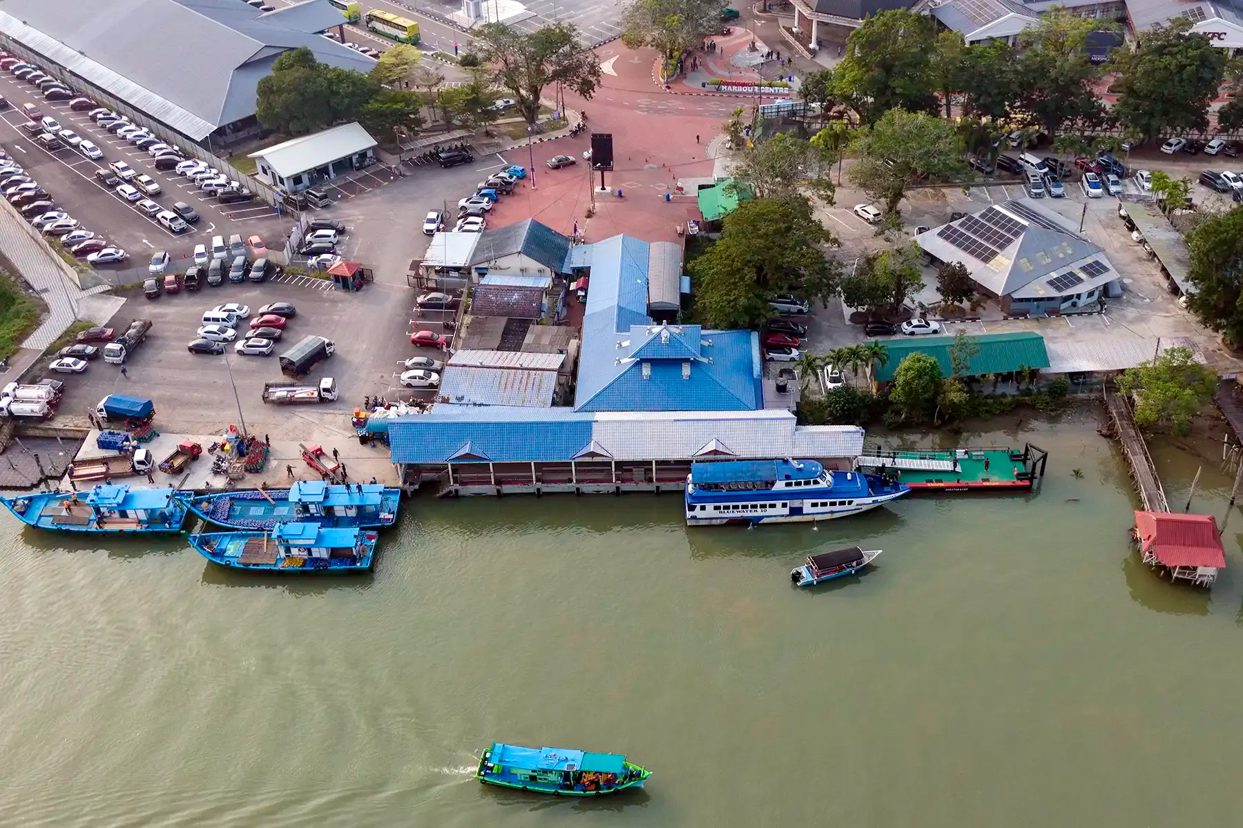 Aerial view of Mersing Jetty and ferry boats at the mainland departure point for Tioman Island