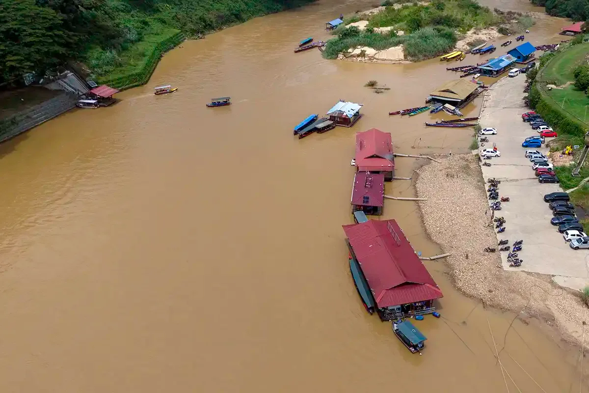 Aerial view of Kuala Tahan Jetty and the riverside at Taman Negara