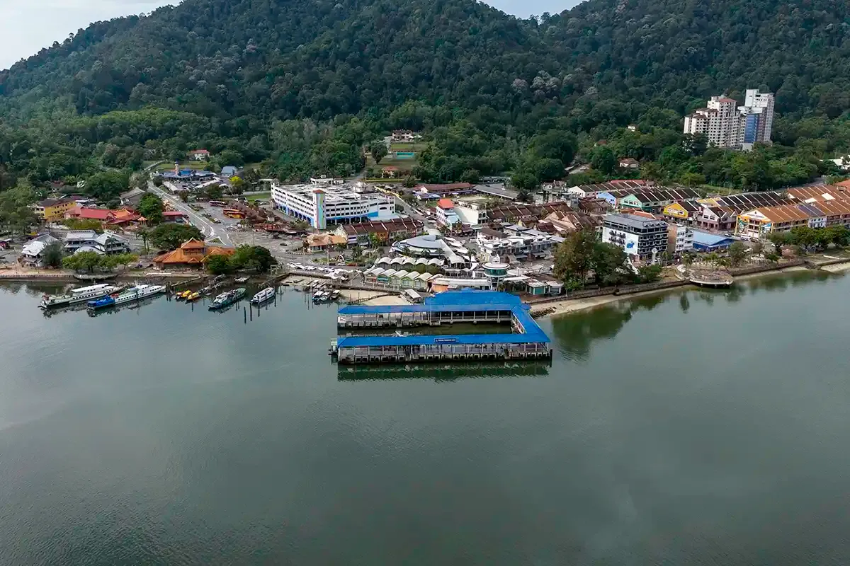 Aerial view of Lumut Jetty and the waterfront ferry terminal for Pangkor Island