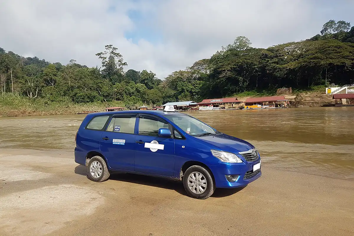 My Little Taxi parked at Kuala Tahan Jetty after dropping tourists during a private transfer from Kuala Lumpur to Taman Negara